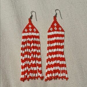 Red and White Beaded Fringe Earrings